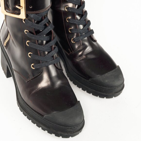 Burberry Scarcroft 50 Bordeaux Buckled Glossed-Leather Combat Boots - Picture 6 of 11